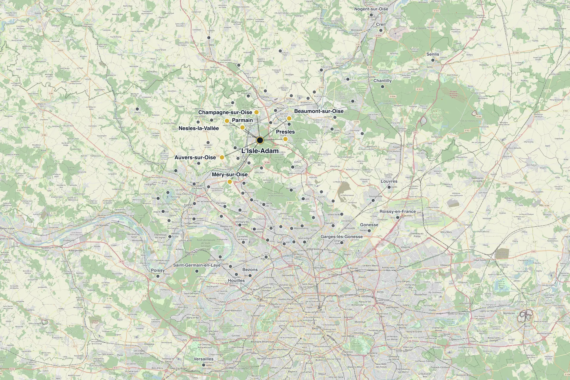 Carte de la zone d'intervention de Delsa, centrée sur L'Isle-Adam : 88 communes du Val-d'Oise et des départements voisins, dont L'Isle-Adam, Parmain, Champagne-sur-Oise, Presles, Nesles-la-Vallée, Auvers-sur-Oise, Beaumont-sur-Oise, Méry-sur-Oise.